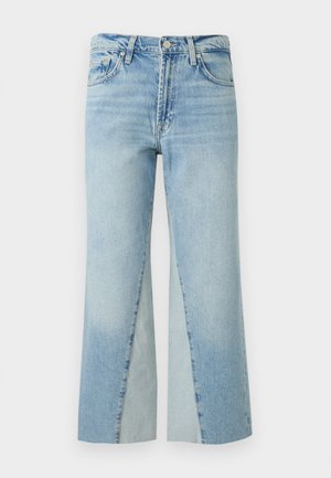 Ανοιχτό μπλε τζιν με ψηλή μέση, κούμπωμα με κουμπί και φερμουάρ, μπροστινές τσέπες και φαρδιά, ίσια μπατζάκια.