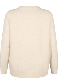 Maglione beige, texture morbida, vestibilità ampia, scollatura rotonda, maniche lunghe con polsini a costine, design semplice senza motivi o decorazioni.