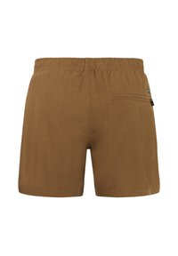 Shorts marron à taille élastique avec une poche zippée à l'arrière sur le côté droit, présentés sur un fond blanc.