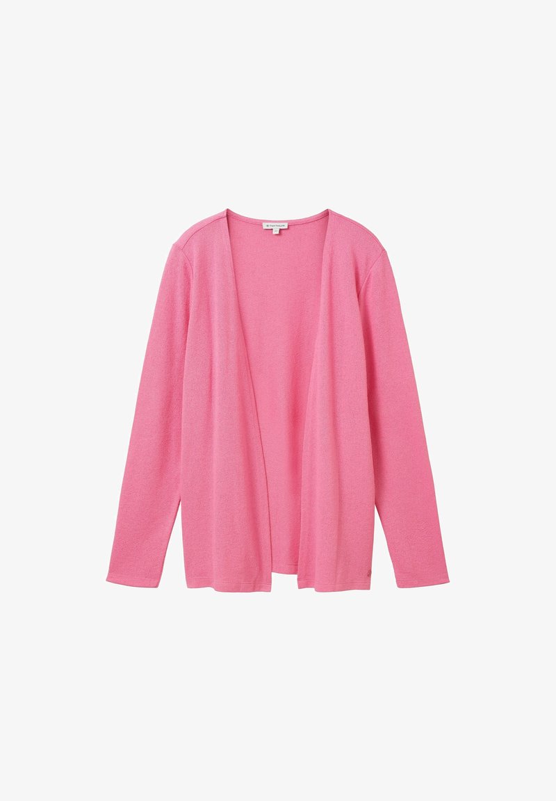 Růžový kardigan s otevřeným předním dílem, dlouhými rukávy, lehkým pleteným materiálem a jednoduchým bezkapsovým designem.
