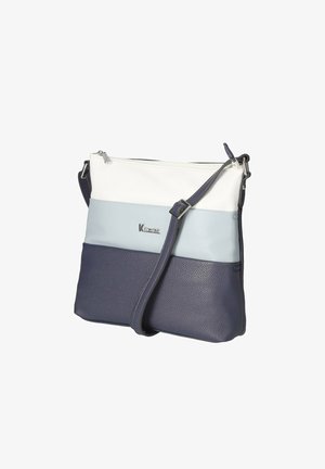 Umhängetasche aus einer Mischung von strukturiertem Leder in Weiß, Hellblau und Dunkelblau, mit einem Reißverschlussoberteil und verstellbarem Trageriemen. Silbernes Logo-Detail.