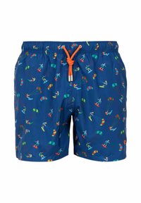Pantaloni da bagno blu realizzati in tessuto leggero, con un motivo ripetitivo di paracaduti colorati e surfisti, dotati di una stringa arancione.