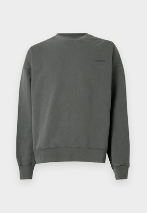 Sudadera gris de cuello redondo hecha de algodón suave, con puños y bajo acanalados, y un pequeño logotipo bordado en el pecho.