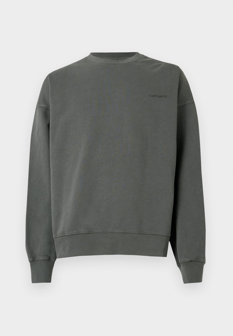 Sudadera gris de cuello redondo hecha de algodón suave, con puños y bajo acanalados, y un pequeño logotipo bordado en el pecho.