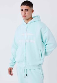 Felpa con zip di colore azzurro chiaro realizzata in tessuto morbido, dotata di una tasca frontale e di un logo bianco sul petto. Vestibilità casual con cappuccio e polsini a costine.