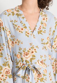 Robe fleurie bleu clair avec un col en V, des manches plissées et une ceinture à la taille. Le tissu présente de grandes roses et de petites fleurs en beige et vert.