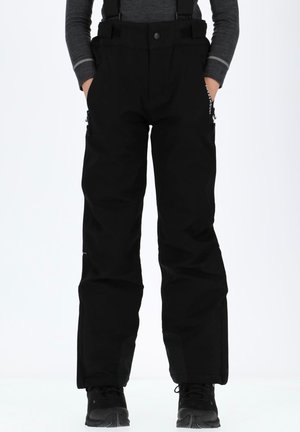 Schwarze Schneehosen mit verstellbaren Trägern, Reißverschluss-Taschen und verstärkten Abschlüssen. Hergestellt aus strapazierfähigem, wetterfestem Material.