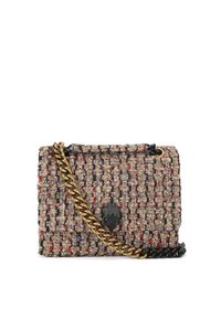 Piccola borsa rettangolare tessuta con texture, dotata di tracolla in catena oro e nera e dettaglio ornamentale in nero sul fermo.