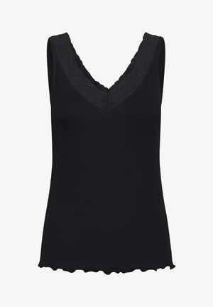 Débardeur noir avec un col en V, des dentelles au niveau de l'encolure, une texture côtelée et un ourlet en biais. Idéal pour le superposition.