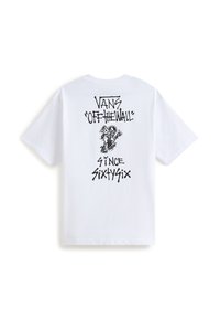 Vit bomulls t-shirt med en svart grafik på baksidan som har texten "VANS 'OFF THE WALL'" och "SINCE SIXTY SIX", samt en karaktärsillustration.