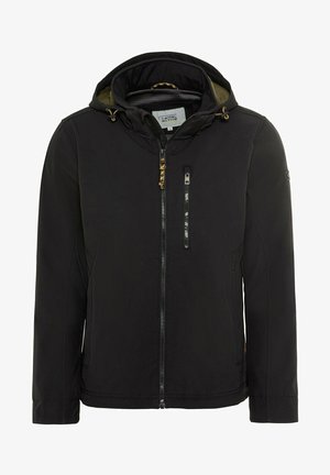 Czarna wodoodporna kurtka z kapturem, z zamkiem błyskawicznym z przodu, dwoma kieszeniami na zamek i elastycznymi mankietami. Wykonana z gładkiego, teksturowanego materiału.