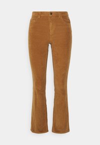 Hnědé kordové kalhoty s vysokým pasem, předními kapsami, poutky na pásek, knoflíkem, zipem a mírně rozšířenými nohavicemi.