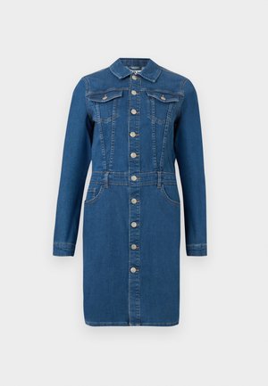 Blå denim kjole med lange ermer, krage, knappestolpe foran, bryst- og hofte lommer, og figursydd midjesøm.