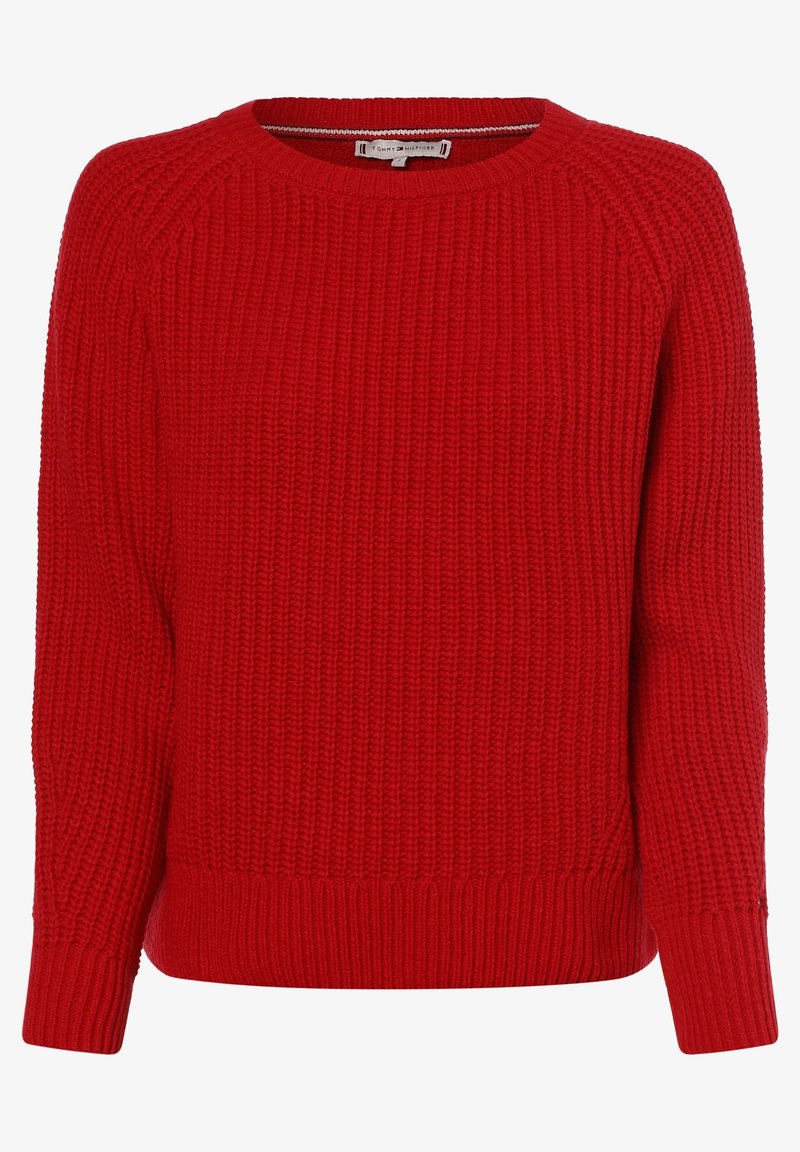 Maglione rosso a maglia con scollo rotondo, polsini e orlo a coste, caratterizzato da un motivo testurizzato e una vestibilità ampia.