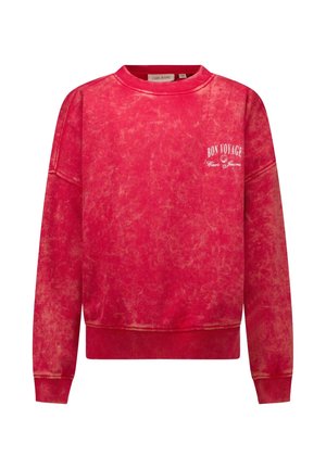 Rode, zuur-was sweatshirt met geribbelde manchetten en zoom. Voorzien van frontlogo "BON VOYAGE" in witte tekst, zachte textuur en een relaxte pasvorm.
