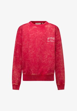 Rode, zuur-was sweatshirt met geribbelde manchetten en zoom. Voorzien van frontlogo "BON VOYAGE" in witte tekst, zachte textuur en een relaxte pasvorm.
