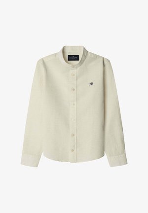 Beige overhemd met lange mouwen en knopen, een mandarijnkraag en een klein kruisend riemenlogo op de linkerborst, Hackett London-label aan de binnenkant van de kraag.