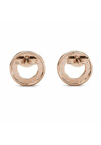 Orecchini circolari in oro rosa con design a vite, accentuati da piccoli cristalli bianchi lungo il bordo esterno. Finitura in metallo lucido.
