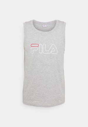 Jasnoszara koszulka bez rękawów z zaokrąglonym dekoltem i logo FILA w białym kolorze z czerwonym obrysem na piersi.