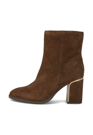 Brown suede ankle boot with a pointed toe and a wide block heel featuring a metallic accent. Smooth texture and sleek design.