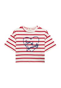 Rood-wit gestreepte cropped t-shirt van katoen, met een blauwe geborduurde hart in het midden en de tekst "Sea of Serenity".