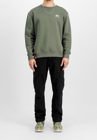 Sudadera verde oliva con puños y dobladillo acanalados, con un pequeño logo en el pecho. Combinada con pantalones cargo negros y zapatillas verdes.