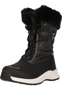 Schwarzer Winterstiefel mit Kunstfellbesatz, strukturiertem Leopardenmuster, Synthetik-Obermaterial und Gummisohle. Verfügt über eine Schnürung und reflektierende Akzente.