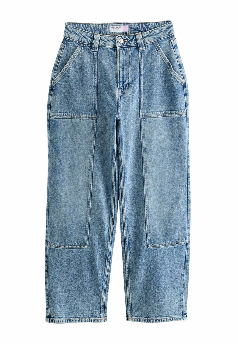 Heledad sinine denim püksid, millel on lõdva istuvusega, kaks suurt esi-taskut ja lihtsad õmblusdetailid. Keskmise tõusuga vöökoht ja sirged sääred.