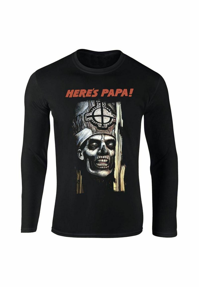 Zwarte langslijf shirt met lange mouwen met een grafisch ontwerp van een schedel die een pauselijke hoed draagt, met de tekst "HIER IS PAP" in vette rode letters.