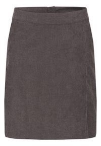 Mørkegrå kordfløjls mini nederdel med lige skæring og taljebånd, der har en subtil tekstur og en baglågs lukning.