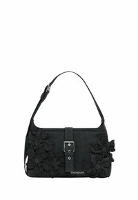 Black fabric handbag with a flat rectangular shape, floral appliqués, a buckle closure, and a single shoulder strap.