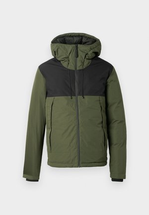 Olive green and black hooded jacket with a zip closure, featuring a padded body, adjustable hood, and elastic cuffs. Smooth texture.