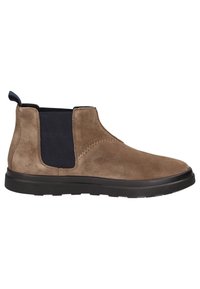 Braune Wildleder Chelsea Boots mit einem marineblauen elastischen Seitenteil, runder Zehenpartie und einer schwarzen Gummisohle. Mit einem Zugtab hinten.
