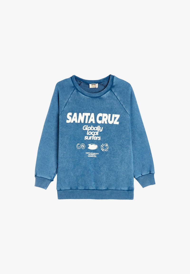 Blå sweatshirts med ribbede manchetter og halsudskæring. Forsiden har hvid tekst: "SANTA CRUZ Globally Local Surfers" og forskellige grafikker.