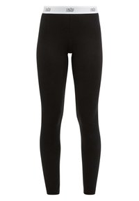 Zwarte leggings van rekbaar materiaal met een aansluitend ontwerp, voorzien van een witte elastische tailleband met het merklogo. Glad oppervlak door het gehele kledingstuk.