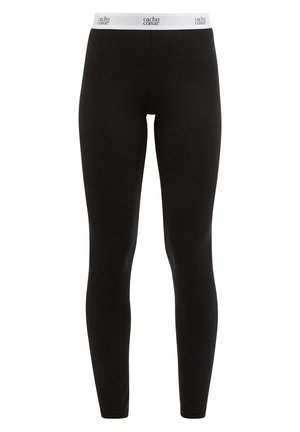 Leggings noirs en tissu extensible avec une coupe ajustée, dotés d'une ceinture élastique blanche arborant le logo de la marque. Texture lisse sur toute la surface.