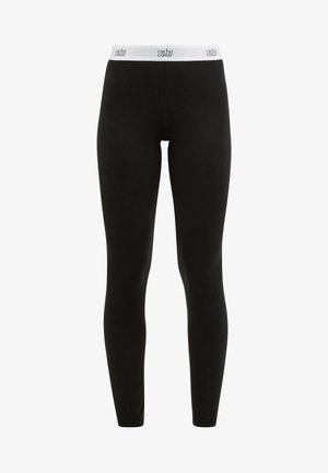 Leggings noirs en tissu extensible avec une coupe ajustée, dotés d'une ceinture élastique blanche arborant le logo de la marque. Texture lisse sur toute la surface.