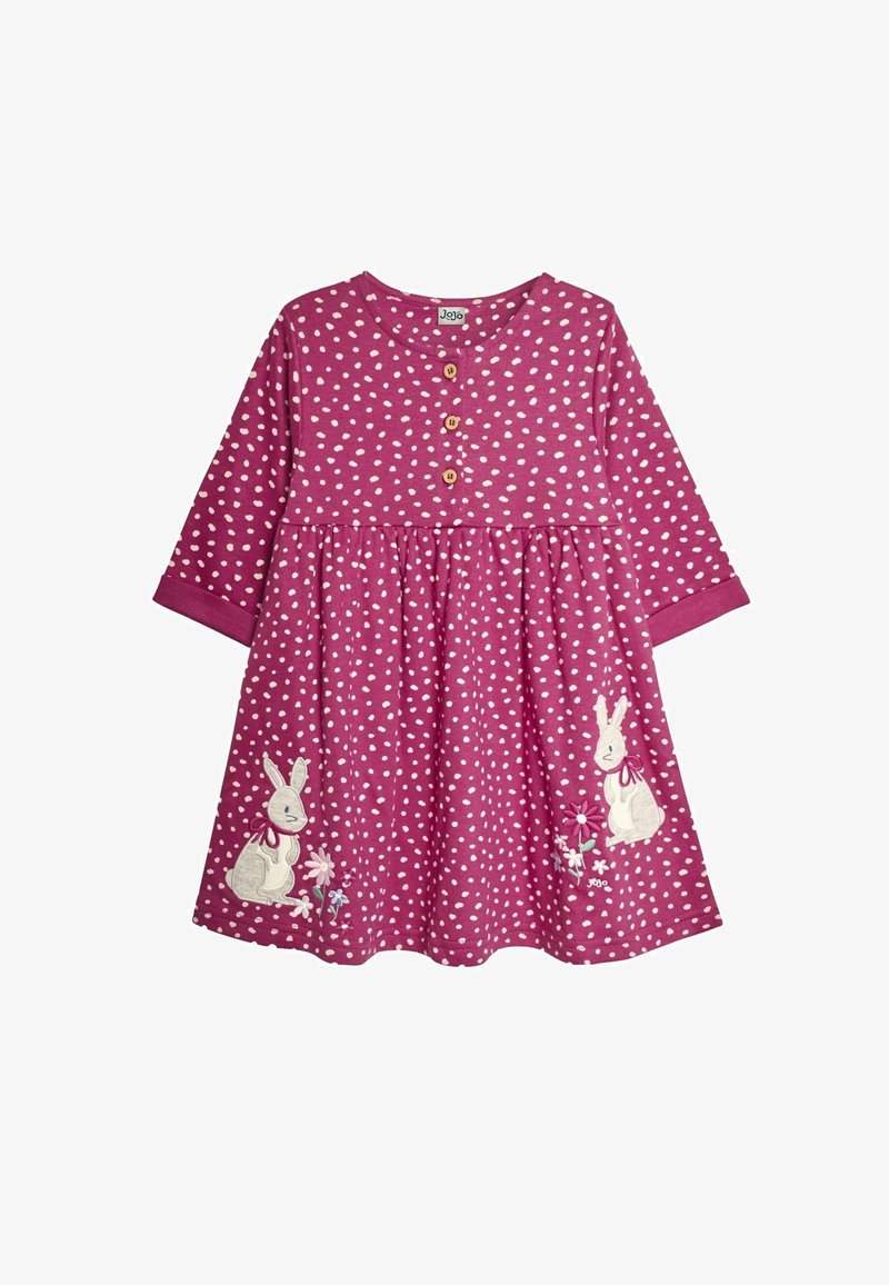 Rosenrotes Kleid mit weißen Polka-Dots, langen Ärmeln, einem Dreiknopf-Ausschnitt, bestickten Hasen und Blumen am Saum. Aus weichem Baumwollmaterial.