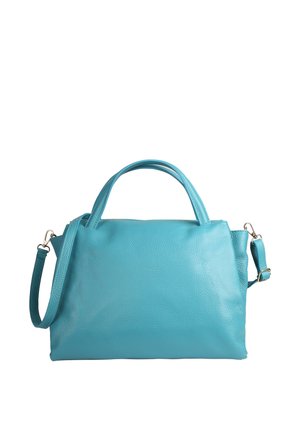 Blauwe leren handtas met korte handvatten en een verstelbare, afneembare schouderriem tegen een witte achtergrond.