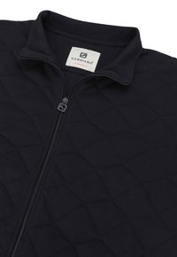 Veste matelassée noire avec col montant, dotée d'une fermeture éclair à l'avant et d'une étiquette à l'intérieur affichant le nom de la marque "Gabbiano" et la taille "Moyen."
