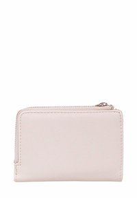 Portafoglio in cuoio beige con chiusura a zip, forma rettangolare, texture liscia, design minimalista e bordi cuciti.