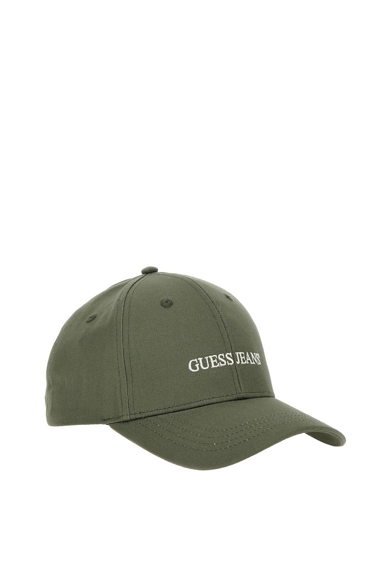Olijfgroene baseballpet met gebogen vizier en 'GUESS JEANS' in het wit geborduurd op het voorpaneel.