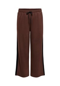 Brown sweatpants with an elastic waistband and black side panels. The fabric is soft with a relaxed fit and adjustable drawstring.