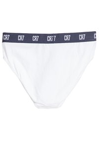Hvide bomuldsunderbukser med et marineblåt elastisk liv, der pryder gentagne "CR7" logoer. Blød tekstur og enkel, klassisk design.