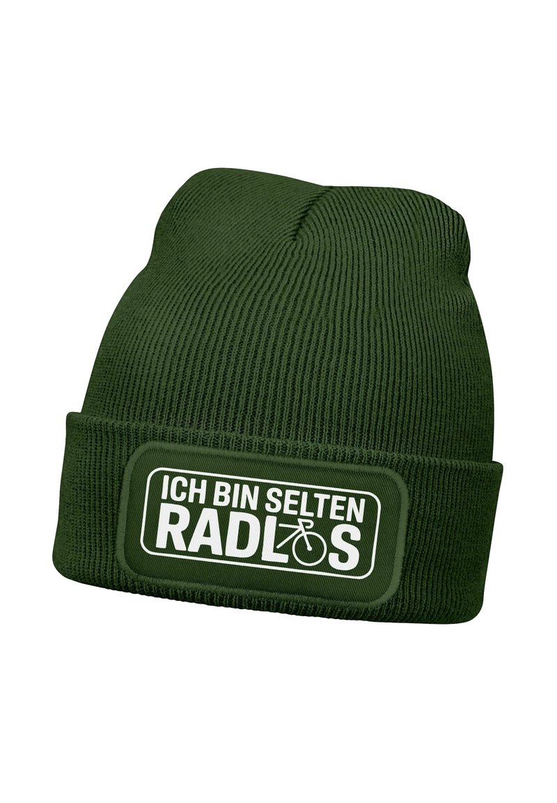 Green knit beanie with a rolled cuff, featuring a rectangular patch with white text and bicycle graphic. Soft texture, ribbed design.