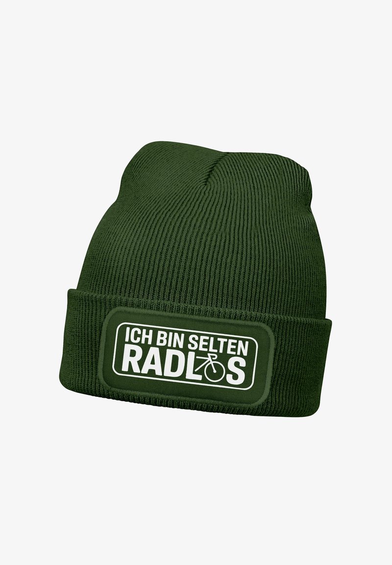 Green knit beanie with a rolled cuff, featuring a rectangular patch with white text and bicycle graphic. Soft texture, ribbed design.