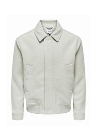 Light gray, textured jacket with a collar, front pockets, and ribbed cuffs. Buttonless, fitted design with a clean, minimalist appearance.