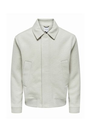Light gray, textured jacket with a collar, front pockets, and ribbed cuffs. Buttonless, fitted design with a clean, minimalist appearance.