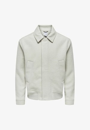 Helle graue, strukturierte Jacke mit einem Kragen, vorderen Taschen und gerippten Bündchen. Knopflose, taillierte Form mit einem sauberen, minimalistischen Aussehen.