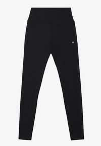 Zwarte leggings van rekbaar stof, met een hoge tailleband, een gladde textuur en een klein logo aan de onderkant.